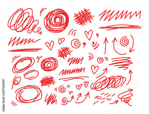 Pen scribble red line doodle set. Correction marks, highlighter streaks, paintbrush swatches, rough marker lines. Chalk, charcoal highlight . 