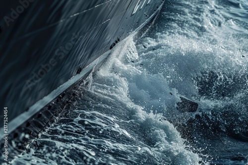 Extreme Close Up of Navy Ship Hull Cutting Through Ocean Waves and Creating Water Spray