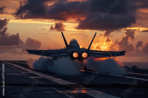 Fighter Jet Launching from Aircraft Carrier Flight Deck with Glowing Afterburners at Sunset