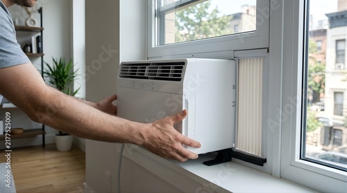 Man installing a portable air conditioner in a window at home