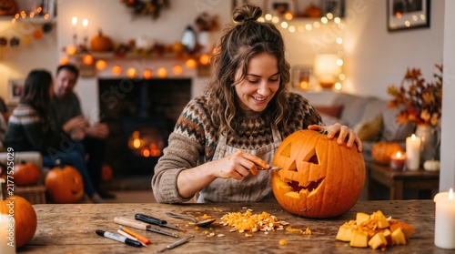 Young woman carving jack-o'-lantern pumpkin for Halloween at home