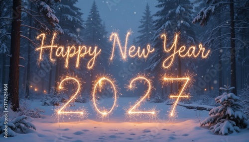 Sparkler happy new year 2027 text in snowy winter forest