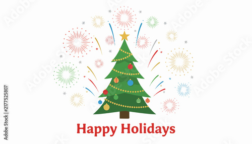 Decorated Christmas tree with festive holiday celebration fireworks background.