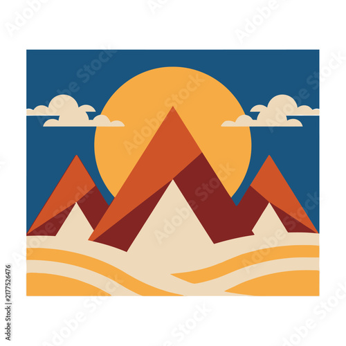 Pyramids landscape with sun and clouds desert mountains