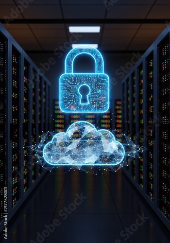 A glowing blue padlock icon floats above a stylized digital cloud interface amidst server racks in a high tech dark data center room, coding, binary, futuristic