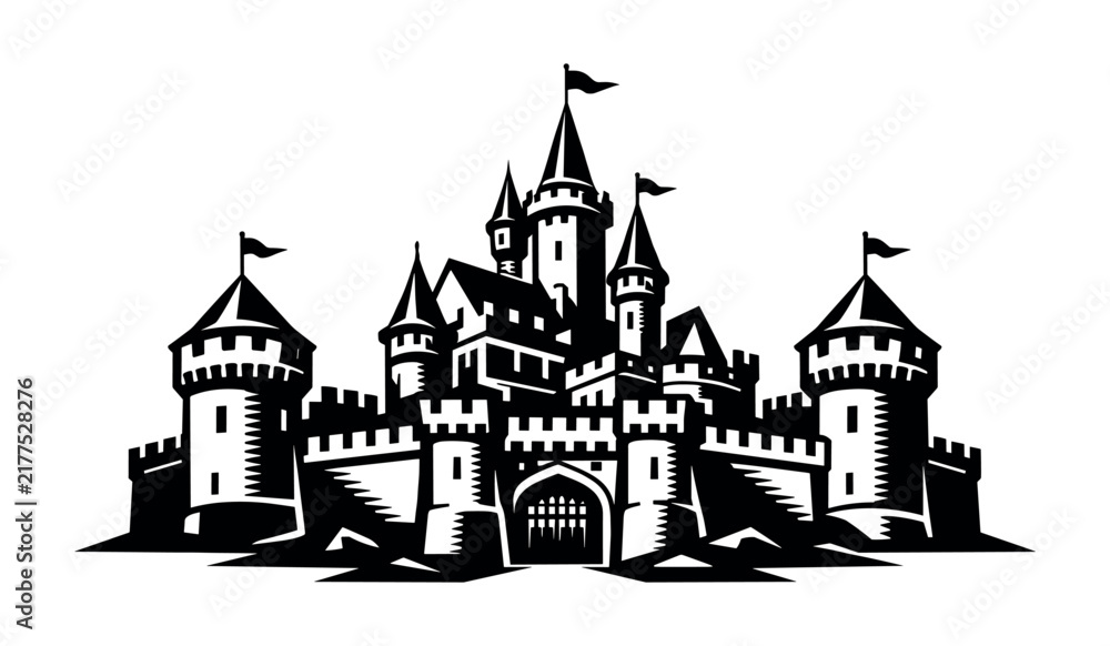 Fototapeta premium Stylized black and white illustration of a grand medieval castle with flags