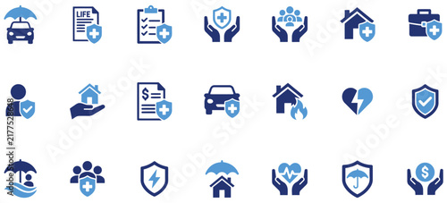 Insurance scenes depicting car accidents, health coverage, life protection, financial planning, policy services, and personal security
