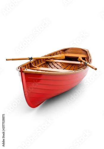 A vibrant red wooden rowboat floating in isolation on a clean white background, showing its polished hull and sturdy oars in detail, deck, white, boat