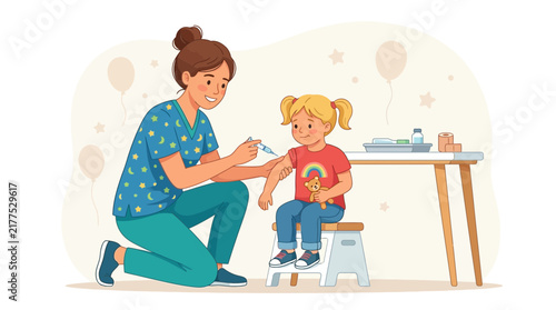 Nurse Administering Vaccine to Young Child with Teddy Bear Support