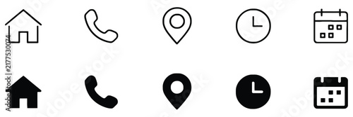 Interface icons with phone receiver, home address, location pin, clock, calendar, navigation, calling, and visit planning symbols
