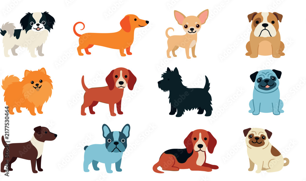 Fototapeta premium Cute small dog breeds vector icon set featuring cartoon dachshund pug chihuahua pomeranian bulldog beagle and frenchie characters