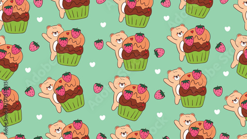 Desktop pattern with cute hand drawn cartoon happy bear hiding behind chocolate cupcake with strawberry on it