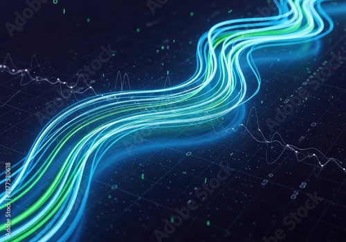 Vibrant neon blue and green light trails flow through a dark sci-fi digital environment with abstract data particles and glowing wave forms, digital, cyberspace, green