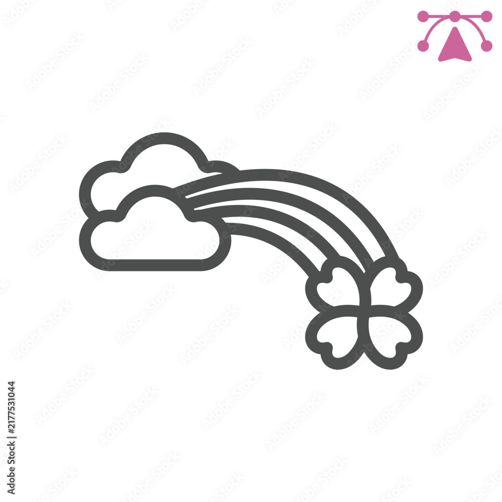Obraz premium Rainbow with clouds and clover line icon, saint patrick day concept. Vector graphics. Hope, weather sign and editable stroke, outline style icon for mobile or web design.