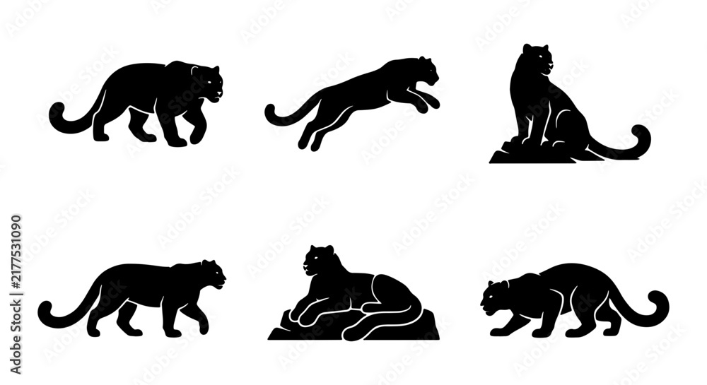 Fototapeta premium Black Panther Vector Icons Set, Wild Cat Silhouettes, Feline Poses, Elegant Big Cat Graphics, Animal Collection