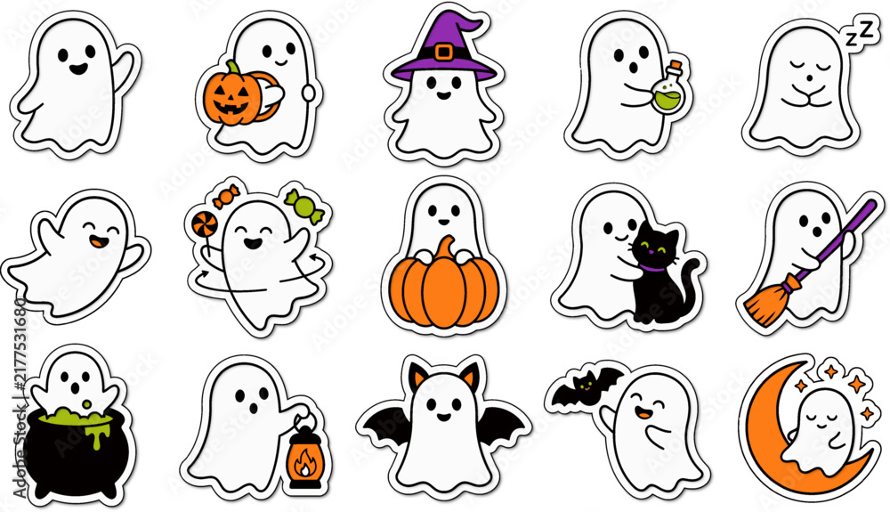 Fototapeta premium Set of cute hand drawn ghost characters for halloween celebration stickers and festive party decoration elements