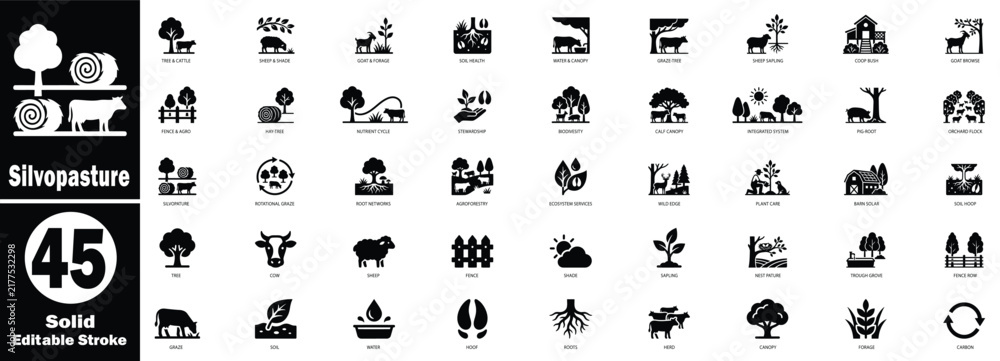 Obraz premium Silvopasture solid icon set. Perfect for web, presentations, apps, and other business design projects, isolated on a background. Editable vector illustration.