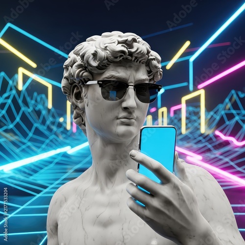 Classical stone sculpture with elegant features wearing dark sunglasses while holding a modern mobile device against a neon digital backdrop, glowing, internet, anachronism