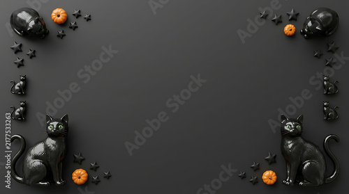 Halloween border with black cats and pumpkins on gray