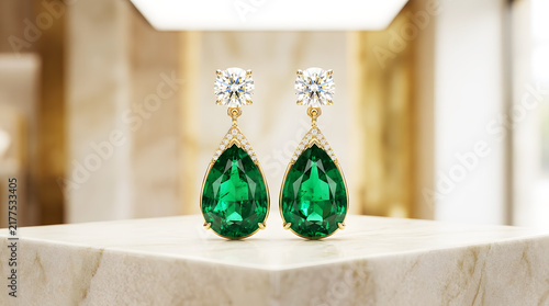 Elegant pearshaped emerald earrings with diamonds on a marble surface