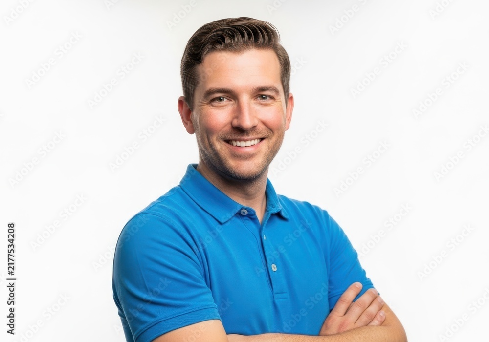 Obraz premium Smiling man with arms crossed wearing blue polo shirt