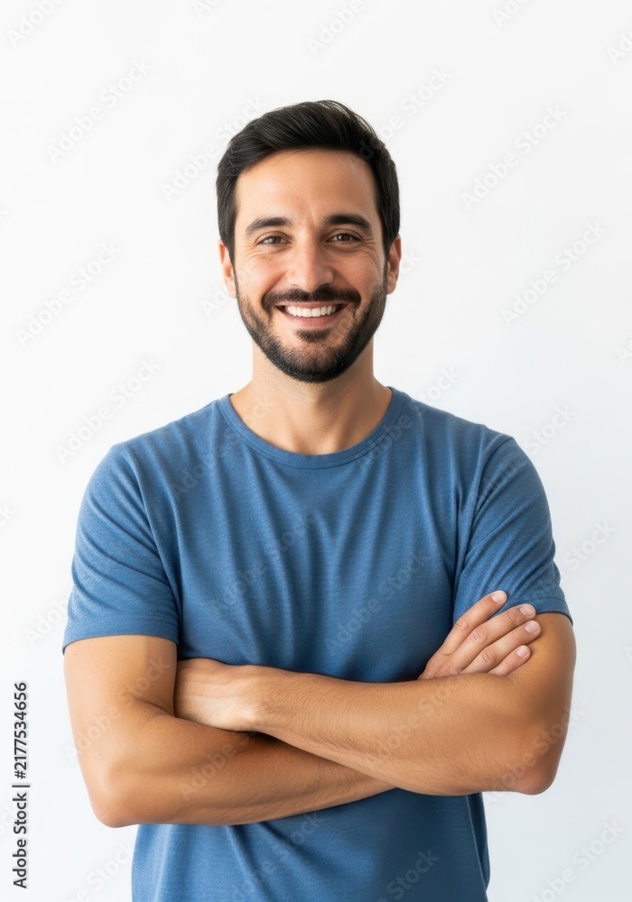 Obraz premium Smiling man with arms crossed wearing blue shirt