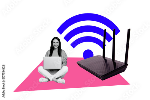Fotografía Creative collage image young happy woman remote worker freelancer wifi router si
