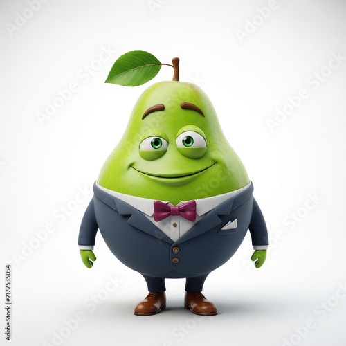 A green pear character wears a dapper vintage suit and bowtie, displaying a silly smirk and wide eyes against a clean white studio backdrop, isolated, funny, creative