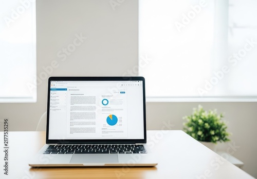 A modern laptop sits open on a clean wooden desk, displaying a digital document on the screen within a bright, minimalist office setting, data, wireless, business