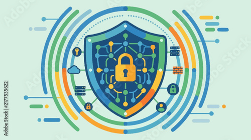 Digital security shield with padlock and network circuit diagram.