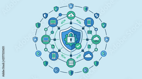 Circular Network Security Infographic With Central Shield Lock Icon.
