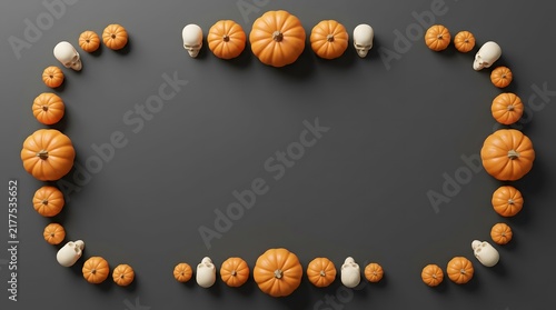 Flat lay frame of miniature pumpkins and decorative gourds on a dark grey background