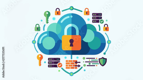 Cloud Security Concept With Padlock And Shield Illustration.