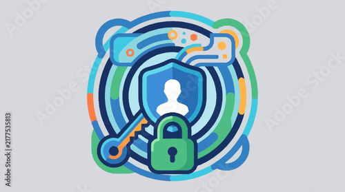 Digital Security Icon With Shield Lock And Key.