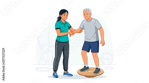 Physical Therapist Assists Senior Man with Balance Training on Wobble Board in Rehabilitation Center