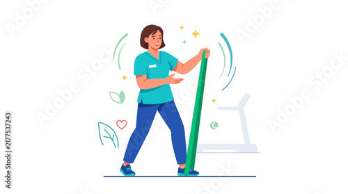 Physical Therapist demonstrates resistance band exercise with patient recovery and fitness.