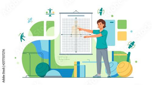 Physical Therapist Explains Body Posture and Balance Using Graph and Exercise Equipment