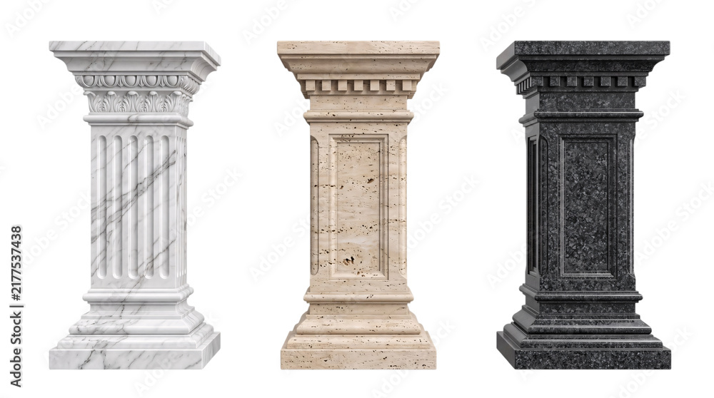 Obraz premium Three pedestal columns in marble, isolated on png transparent background