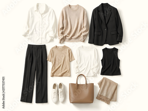 Minimalist women's capsule wardrobe arranged neatly on a white background