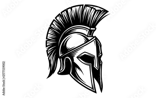 Black and white Spartan warrior helmet vector illustration designed for mascots and logos.