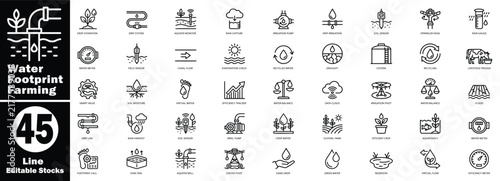 Bild auf Leinwand Water footprint farming line icon series: black outline design symbols for efficient agricultural resource management