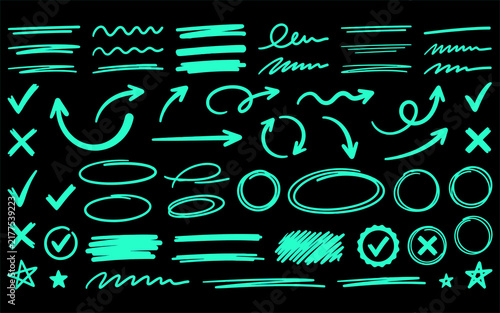 Neon turquoise hand drawn arrows and circle markers collection on black background for business presentation highlights.
