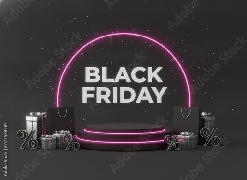 Black friday sale background with empty product display podium and glowing pink neon circle frame for shopping