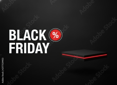Black friday sale banner with a floating black product display podium and a red percent discount icon symbol