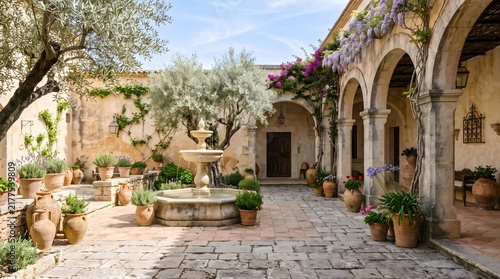 Charming Mediterranean Courtyard with Fountain, Olive Trees & Arches