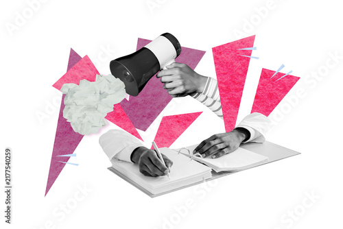 Fotografía Creative collage image worker write down pen loudspeaker announce information pr