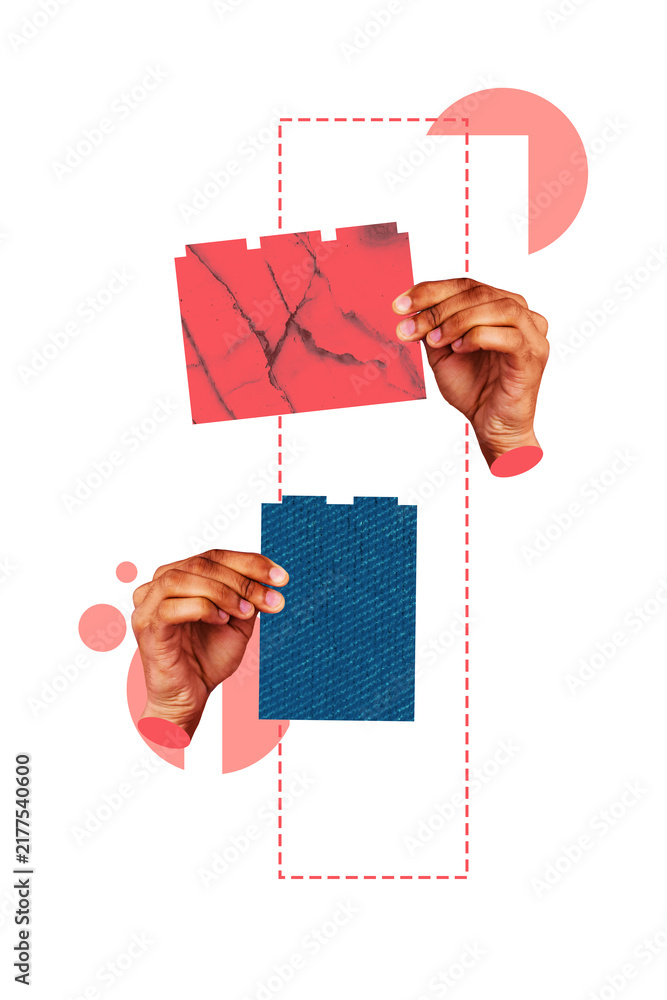 Obraz premium Sketch image artwork composite 3D photo collage of anonymous hand finger hold showing&nbsp;lego part&nbsp;construction connect escape play problem