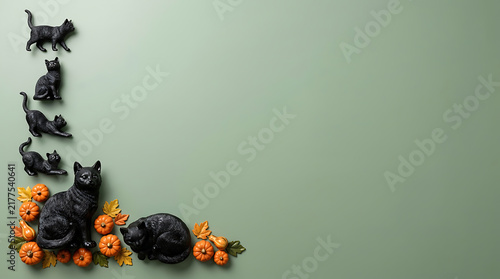 Halloween decorations with black cats and pumpkins on light background
