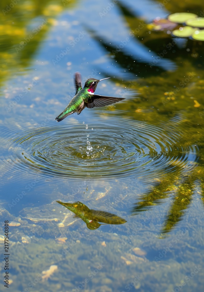 Obraz premium Vibrant hummingbirds hover above a calm garden pond as delicate ripples expand across the clear water surface under bright summer sunlight, iridescent, hovering, macro