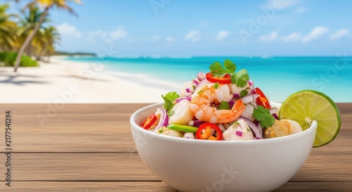 A fresh bowl of chilled seafood ceviche sits on a wooden table overlooking a sunny tropical beach with blue ocean water and white sand, pepper, shrimp, blue